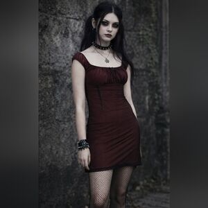 UNIF Linger Burgundy Red Black Rare Large Mesh Milkmaid 90s Goth Y2K Mini Dress